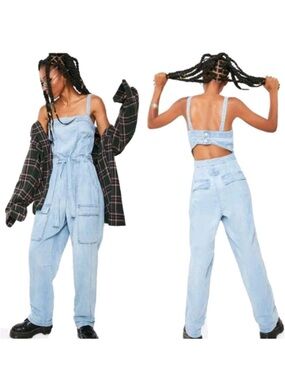 NWT Free People Blue Open Back Cargo Go West Denim Jumpsuit Overalls small